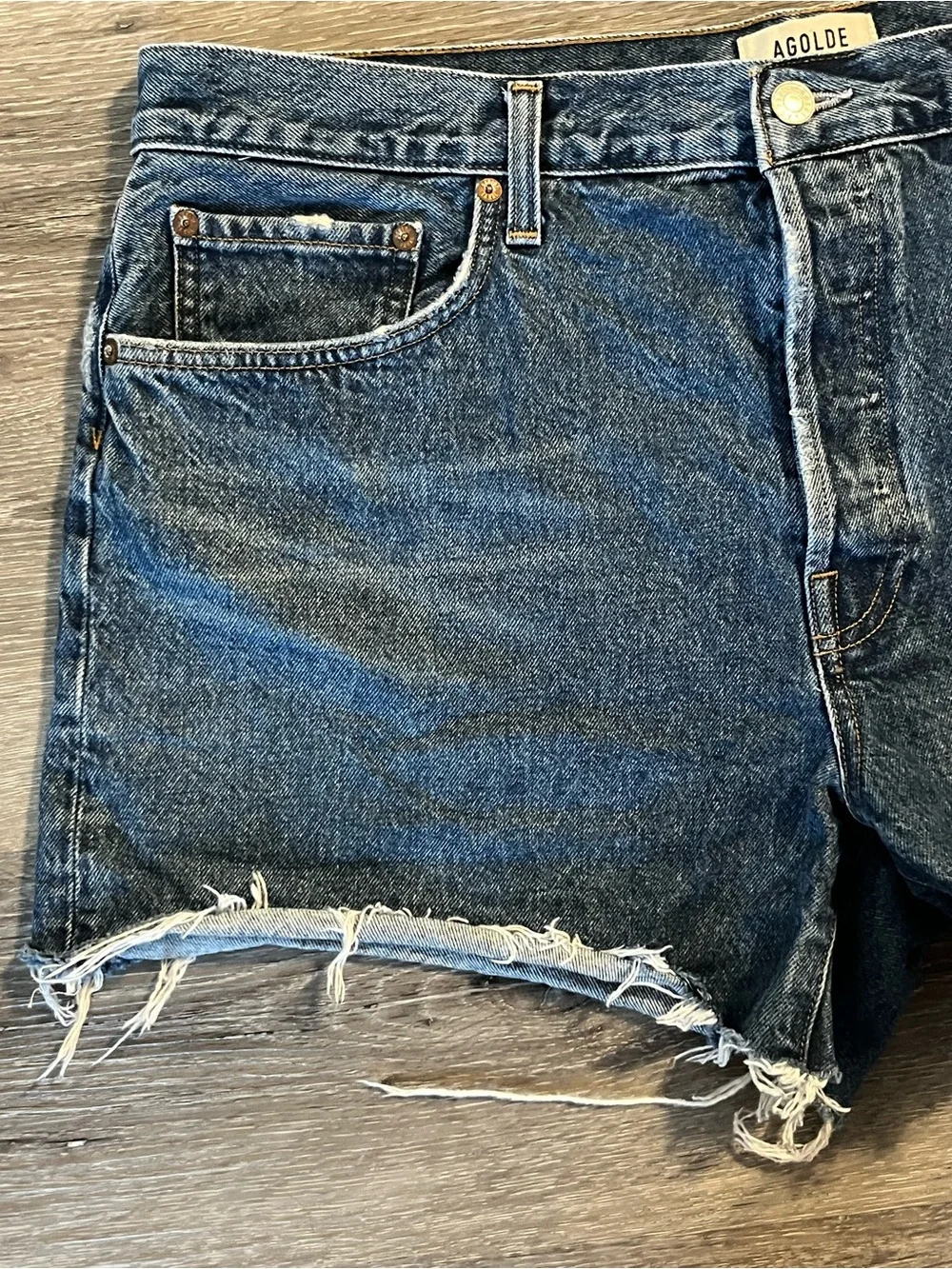 AGOLDE Blue Parker Long Denim Shorts Size 34 Raw Hem Distressed Organic Cotton